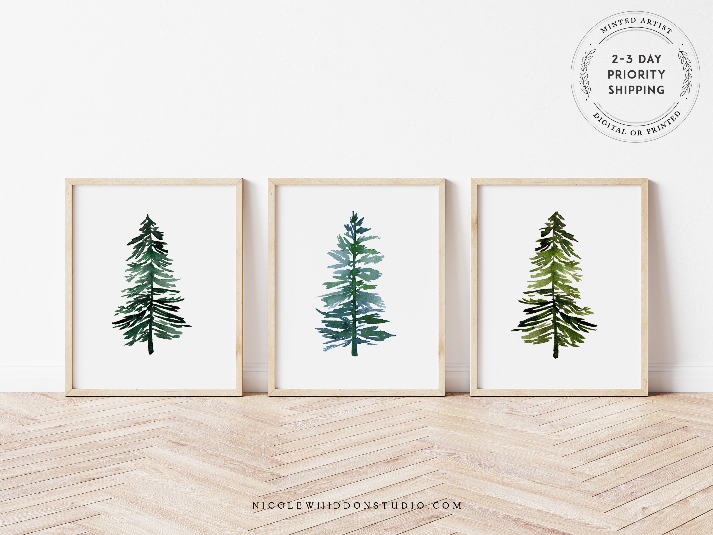 Pine Tree Art Set Rustic Wall Art Green Trees Watercolor Print Christmas Downloadable Print Triptych Art Set Matching Set Of 3 Prints