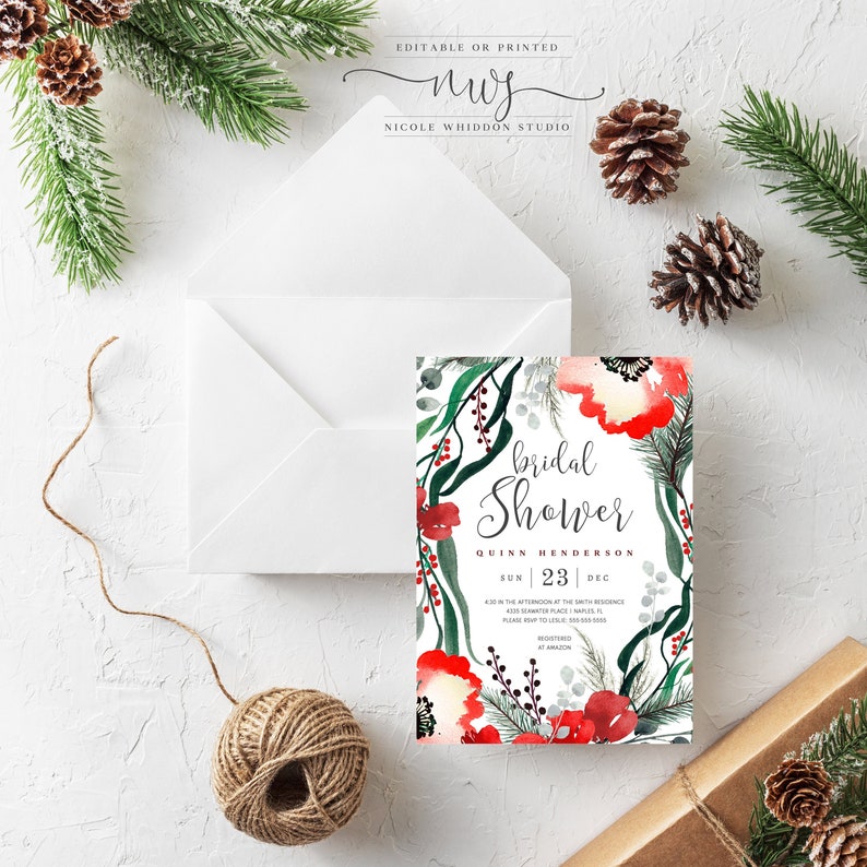 INSTANT DOWNLOAD Winter Christmas Bridal Shower Invitations Holiday Wedding Printable Digital Holiday Bridal Shower Fully Editable
