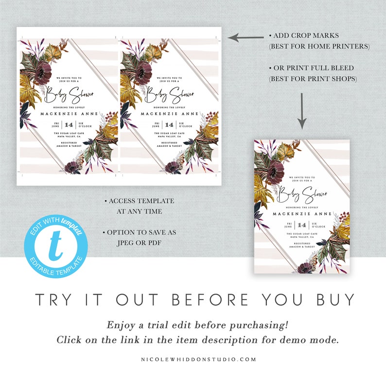 Leaves Editable Text Gender Neutral Printable INSTANT DOWNLOAD Fall Baby Shower Invitations Template Fall Foliage Couples Shower DIY