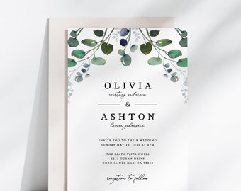 Eucalyptus Wedding Invitation, Botanical Wedding Invite, Olive Leaves, Garden Wedding Invite, Suite, Rustic, Greenery, Editable Template 043