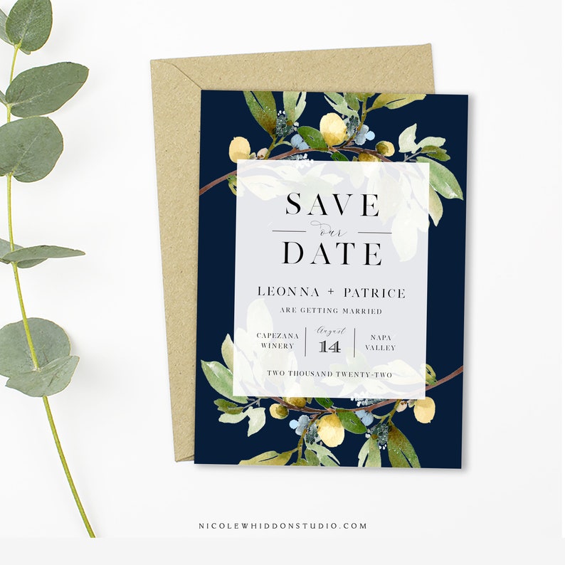 Greenery INSTANT DOWNLOAD Save the Date Card Printable Save the Date Cards Picture Card Garden Rustic Wedding Navy Self-Editing Text