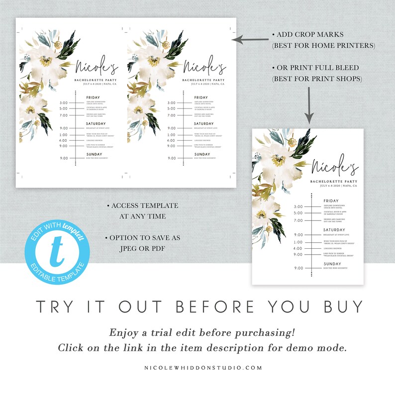 Hen/'s Party Invite Decor Weekend Timeline Template Editable Bachelorette Party Invitation Schedule BACHELORETTE ITINERARY Neutral