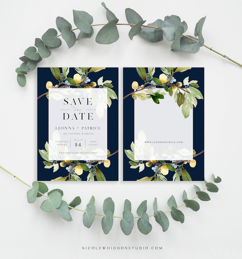 Greenery INSTANT DOWNLOAD Save the Date Card Printable Save the Date Cards Picture Card Garden Rustic Wedding Navy Self-Editing Text