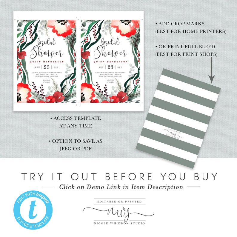 INSTANT DOWNLOAD Winter Christmas Bridal Shower Invitations Holiday Wedding Printable Digital Holiday Bridal Shower Fully Editable