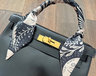 Whimsigoth Night Deep Navy Blue & Beige Goth Handbag Skinny Scarf / Handle Wrap / Skinny Hair Scarf / Designer Luxury Accessory
