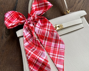 Pink, Red, and White Plaid Preppy Handbag Skinny Scarf / Handle Wrap / Skinny Hair Scarf