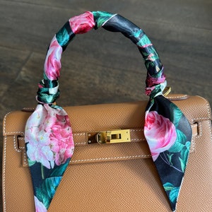 Pink and Green Victorian Moody Roses Florals Handbag Skinny Scarf / Handle Wrap / Skinny Hair Scarf