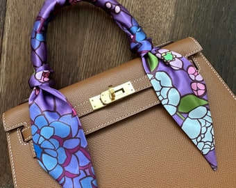 Purple Hydrangea Floral Mosaic Handbag Skinny Scarf / Handle Wrap / Skinny Hair Scarf