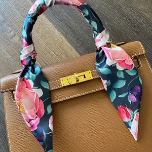Pink and Purple Peonies Floral on Navy Handbag Skinny Scarf / Handle Wrap / Skinny Hair Scarf
