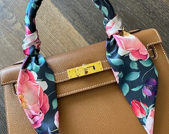 Pink and Purple Peonies Floral on Navy Handbag Skinny Scarf / Handle Wrap / Skinny Hair Scarf