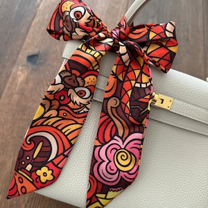 Cartoon Dragons Colorful Lunar New Year / Handbag Skinny Scarf / Handle Wrap / Skinny Hair Scarf / Designer Luxury Accessory