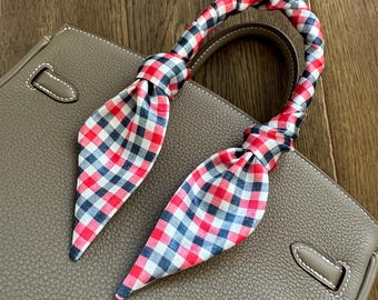 Red, White, and Blue Mini Check Gingham Skinny Scarf / Handle Wrap / Skinny Hair Scarf / Designer Luxury Accessory