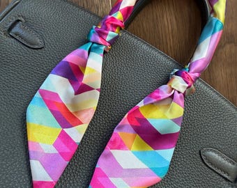 Bright Geometric Jewels Multicolor Pink and Blue Handbag Skinny Scarf / Handle Wrap / Skinny Hair Ribbon