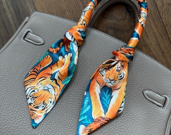 Stalking Tigers Blue Exotic Handbag Skinny Scarf / Handle Wrap / Skinny Hair Scarf / Designer Luxury Accessory