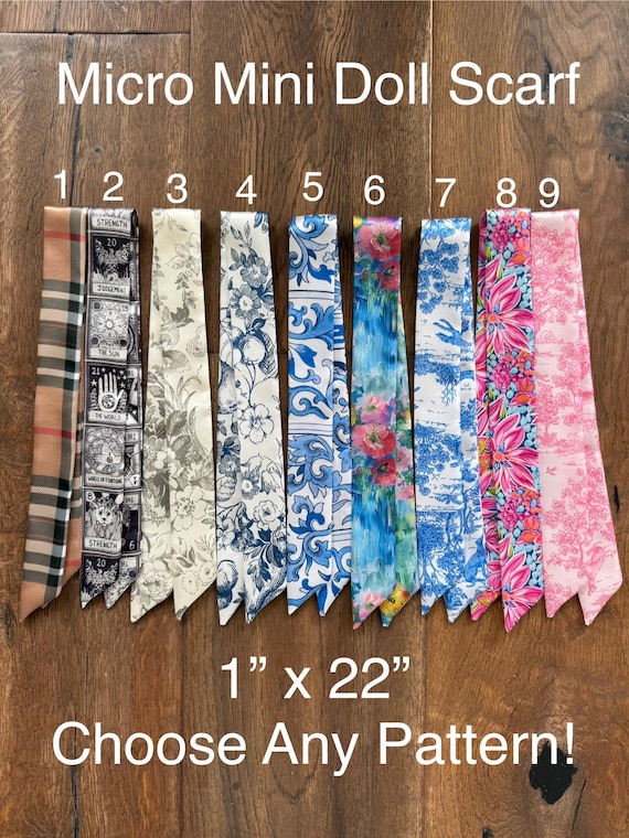 Micro Mini Doll Scarf - 1x22” - Perfect for Handbag Ribbons and Bows or to Wrap Mini Purse Handles! Mini Skinny Scarf Choose Any Pattern!
