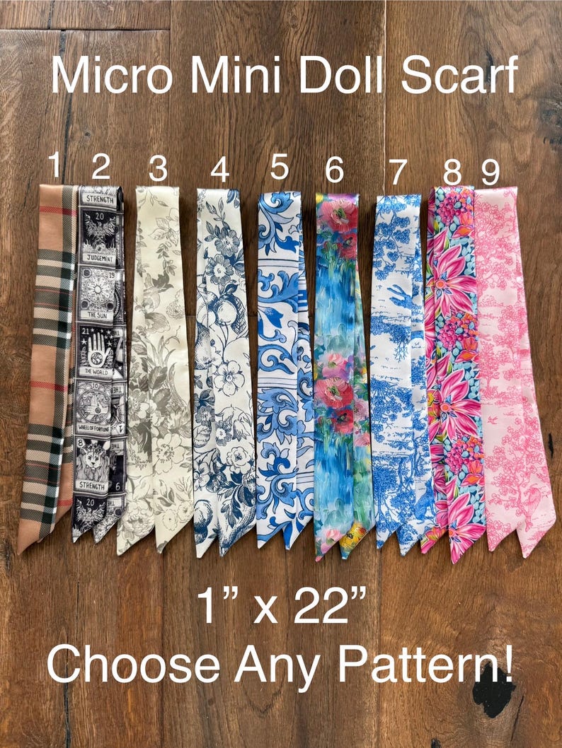 Micro Mini Doll Scarf - 1x22” - Perfect for Handbag Ribbons and Bows or to Wrap Mini Purse Handles! Mini Skinny Scarf Choose Any Pattern! zdjęcie 1