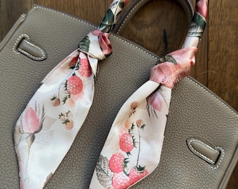 Antique Pink Roses and Red Fruity Raspberries with Green Leaves Handbag Skinny Scarf / Handle Wrap / Skinny Hair Scarf