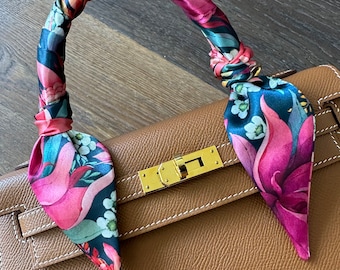 Rainbow Pink Protea Floral Handbag Skinny Scarf / Handle Wrap / Skinny Hair Scarf / Designer Luxury Accessory