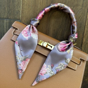 English Rose Deep Lavender and Pink Floral Romantic Handbag Skinny Scarf / Handle Wrap / Skinny Hair Scarf