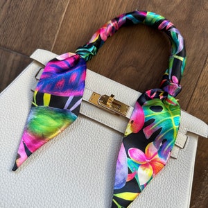 Neon Paradise Tropical Colorful Plumeria Handbag Skinny Scarf / Handle Wrap / Skinny Hair Scarf