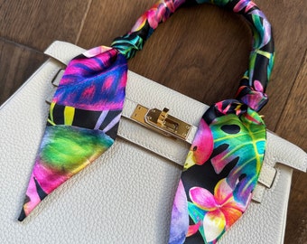 Neon Paradise Tropical Colorful Plumeria Handbag Skinny Scarf / Handle Wrap / Skinny Hair Scarf