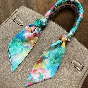 Colorful Impressionist Water Lilies Floral Handbag Skinny Scarf / Handle Wrap / Skinny Hair Scarf