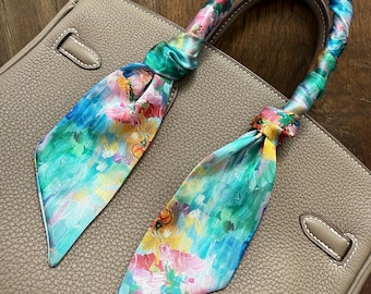 Colorful Impressionist Water Lilies Floral Handbag Skinny Scarf / Handle Wrap / Skinny Hair Scarf