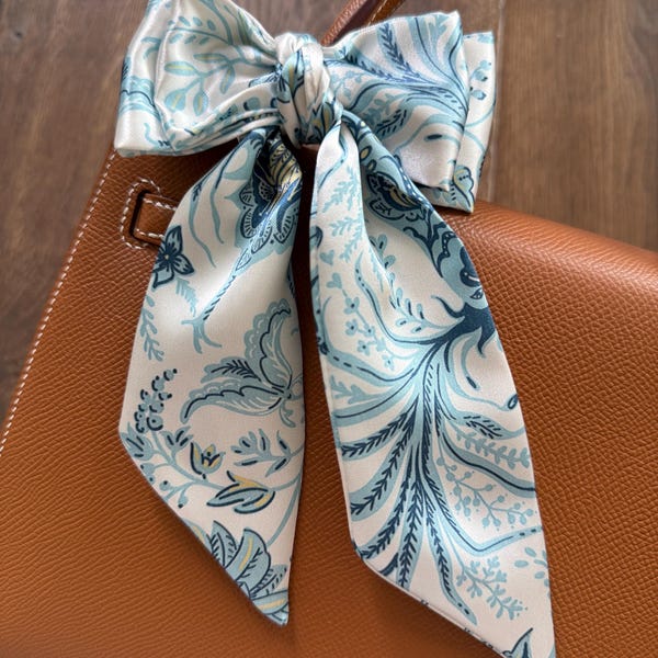 French Country Rooster Skinny Purse Scarf in Soft Blue and Butter Yellow - Parisian Chic Handbag Accessory - Floral Provincial Cottage
