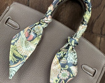 William Morris Large Strawberry Thief Orange and Green Distressed Floral Birds Handbag Skinny Scarf / Handle Wrap / Skinny Hair Ribbon Bow