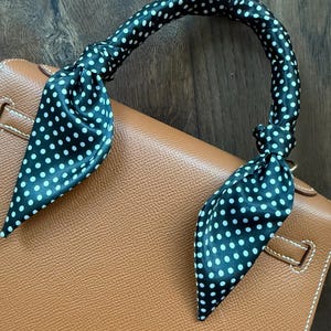 Black Satin with White Polka Dots Handbag Skinny Scarf / Handle Wrap / Skinny Hair Scarf