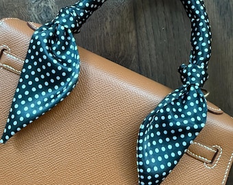 Black Satin with White Polka Dots Handbag Skinny Scarf / Handle Wrap / Skinny Hair Scarf