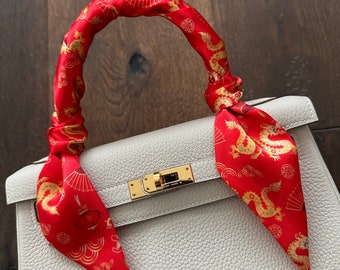 Red and Yellow Dragon Lunar New Year / Handbag Skinny Scarf / Handle Wrap / Skinny Hair Scarf / Designer Luxury Accessory
