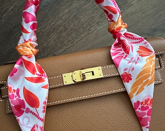 Bright Pink and Orange Heart Floral Valentine Handbag Skinny Scarf / Handle Wrap / Skinny Hair Scarf / Designer Luxury Accessory