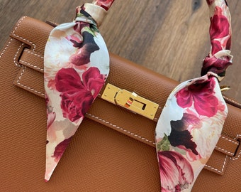 Lush Hand Drawn Roses in Pink, Red, and White Handbag Skinny Scarf / Handle Wrap / Skinny Hair Scarf / Designer Luxury Accessory