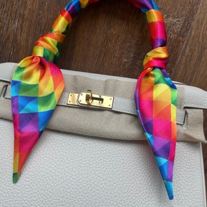 Rainbow Ombre Geometric Blocky Handbag Skinny Scarf / Handle Wrap / Skinny Hair Scarf