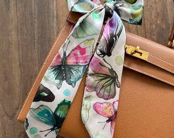 Watercolor Pastel Butterfly Handbag Skinny Scarf / Handle Wrap / Skinny Hair Scarf / Designer Luxury Accessory