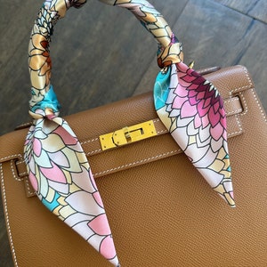 Pastel Bright Queen Zinnia Floral Cornflower Apricot and Yellow Summer Flowers Handbag Skinny Scarf / Handle Wrap / Skinny Hair Scarf