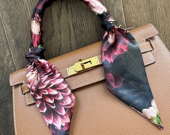 Lush Maroon and Mauve Dahlias Floral Gothic Handbag Skinny Scarf / Handle Wrap / Skinny Hair Scarf