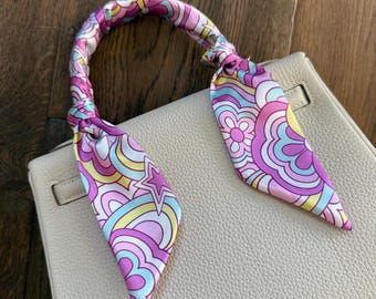Pastel Floral Groovy 70’s Flowers and Swirls in Pink, Aqua, Fuchsia, and Yellow Handbag Skinny Scarf / Handle Wrap / Skinny Hair Scarf