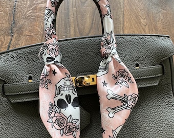 Floral Halloween Skull and Crossbones Pink Girly Handbag Skinny Scarf / Handle Wrap / Skinny Hair Scarf / Designer Luxury Accessory