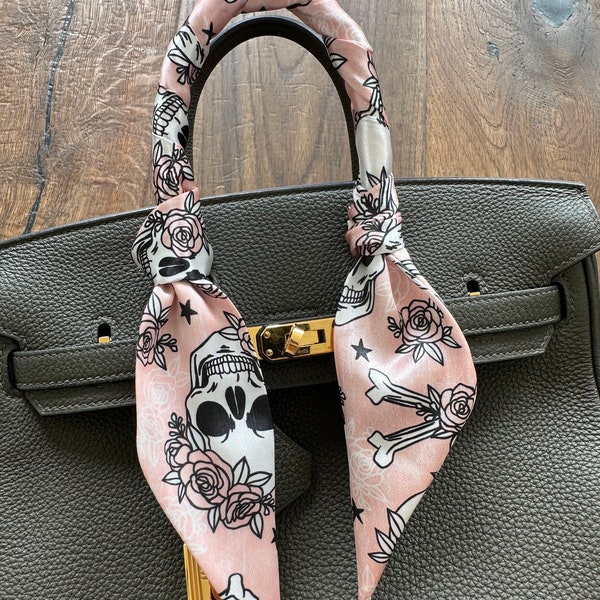 Floral Halloween Skull and Crossbones Pink Girly Handbag Skinny Scarf / Handle Wrap / Skinny Hair Scarf / Designer Luxury Accessory