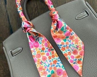 Bright Dainty Petite Pink and Orange Flowers Handbag Purse Skinny Scarf / Handle Wrap / Skinny Hair Ribbon