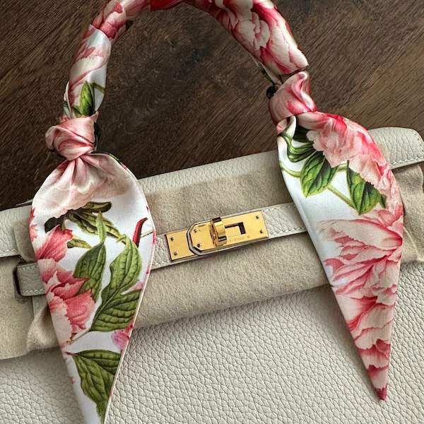 Antique Lily and Peony Pink & Green Handbag Skinny Scarf / Handle Wrap / Skinny Hair Scarf