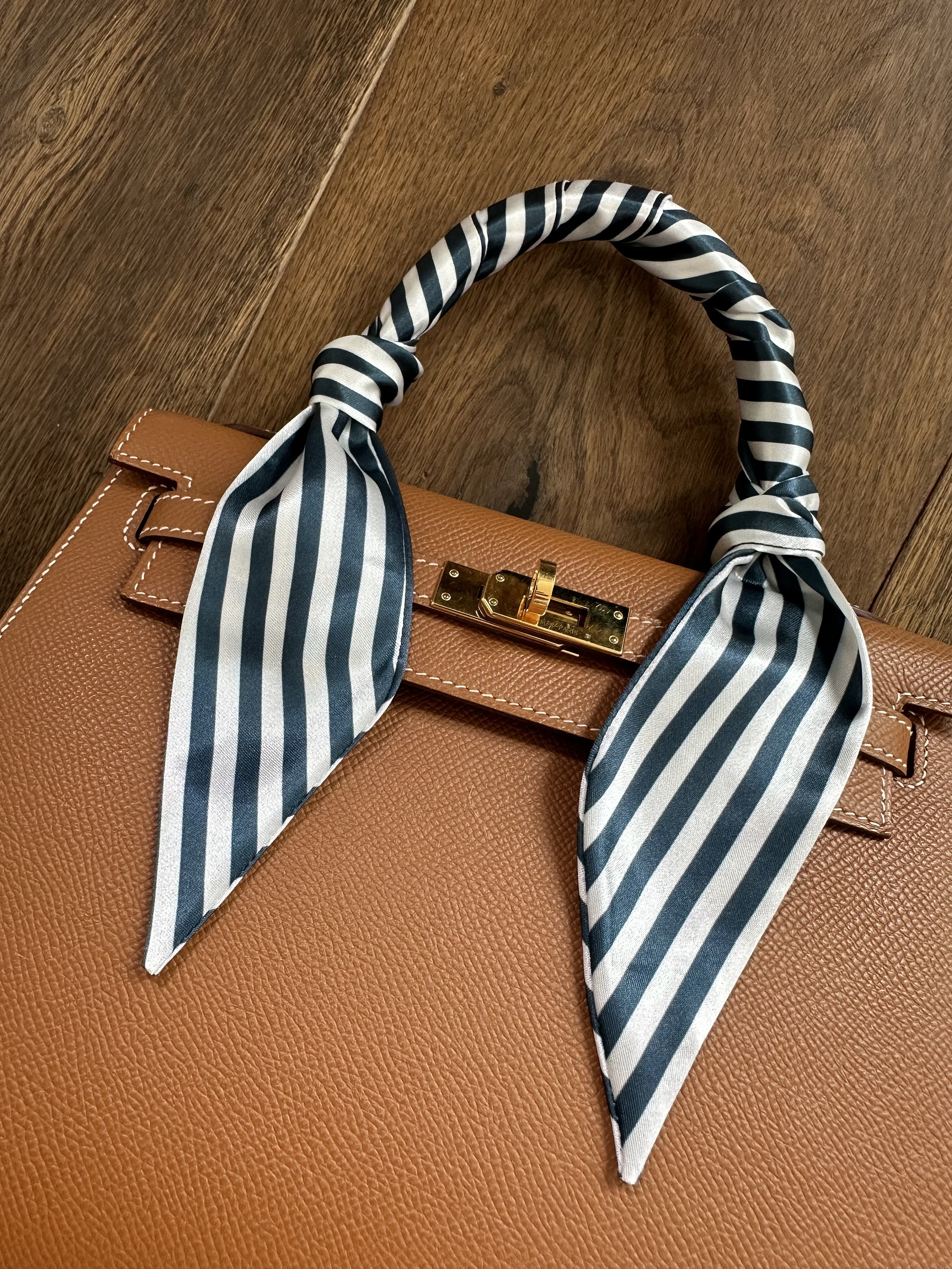 Navy Blue and White Thin Stripe Handbag Skinny Scarf 
