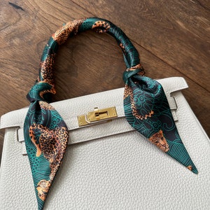 Jungle Green Leopard Exotic Handbag Skinny Scarf / Handle Wrap / Skinny Hair Scarf / Designer Luxury Accessory