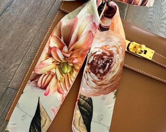 Peach and Sage Green Pink Rose Dahlia Floral Romantic Handbag Skinny Scarf / Handle Wrap / Skinny Hair Scarf