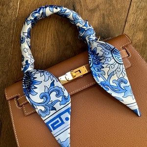 Blue and White Mediterranean Floral Tile Greek Key Handbag Skinny Scarf / Handle Wrap / Skinny Hair Scarf