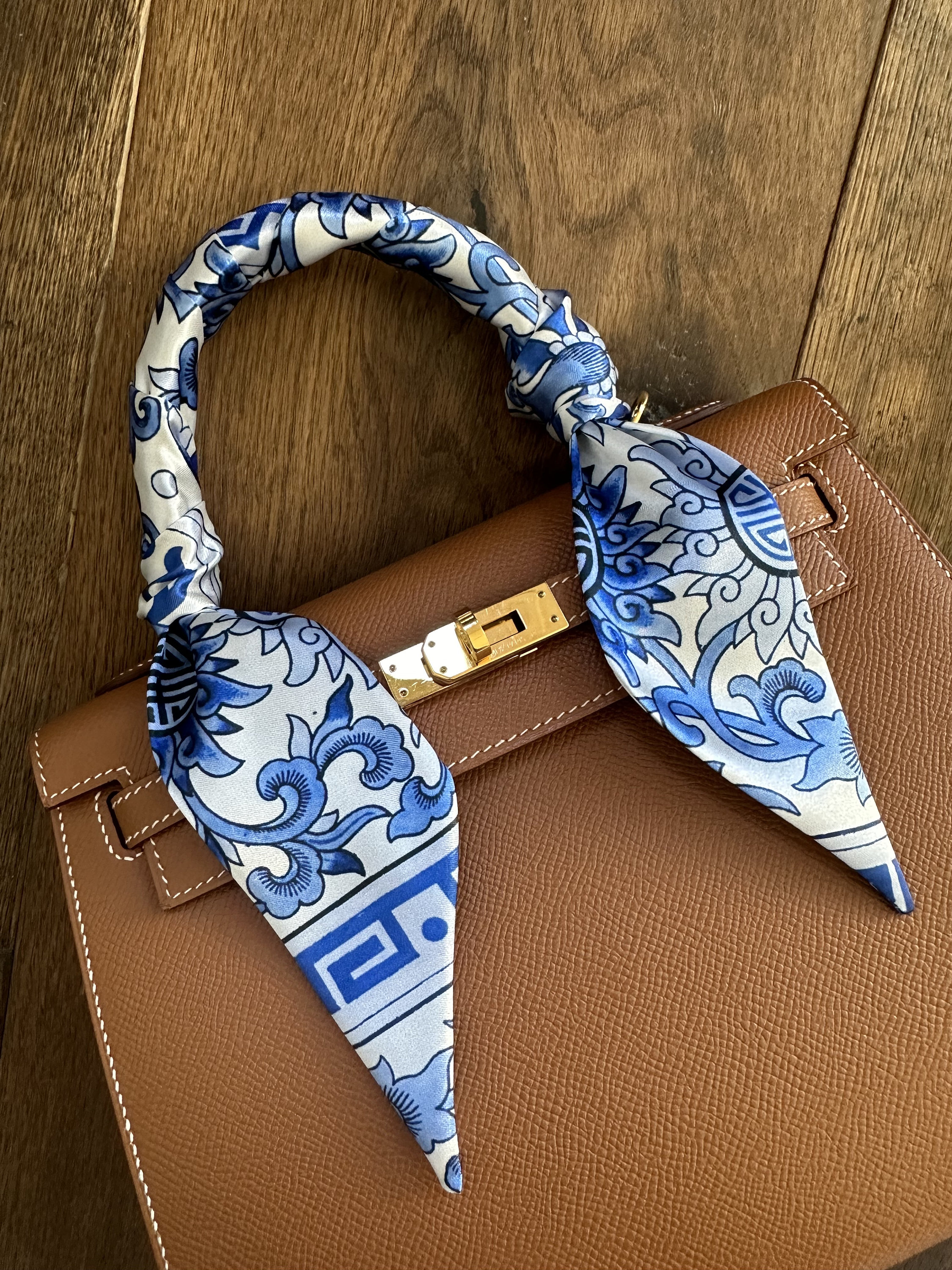 Blue and White Mediterranean Floral Tile Greek Key Handbag Skinny Scarf / Handle Wrap / Skinny Hair Scarf
