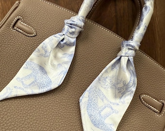 Light Purple Lilac and White Toile De Jouy Floral and Jungle Animals Handbag Skinny Scarf / Handle Wrap / Skinny Hair Scarf