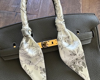 Cream and Grey Toile De Jouy Floral French Parisian Handbag Skinny Scarf / Handle Wrap / Skinny Hair Scarf